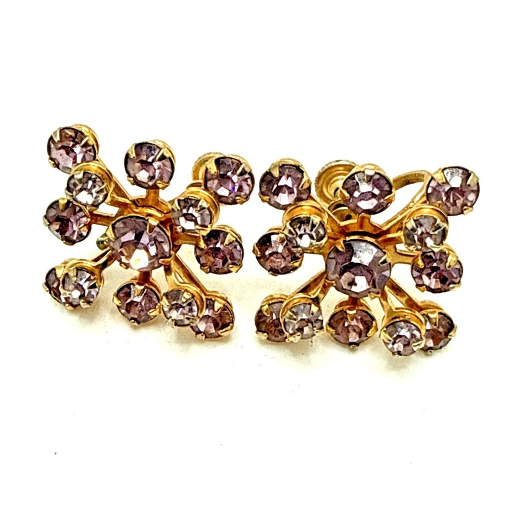Vintage Crystal Earrings Lavender Purple Rhinestone in Gold Tone Screw Back 1"